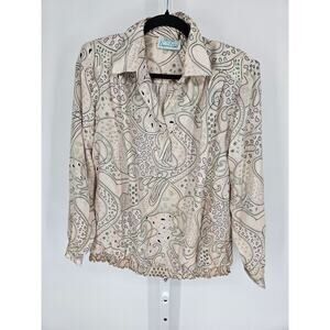 Vintage Da-Rue Women's Cream Long Sleeve Button Down Collared Shirt Top Size L